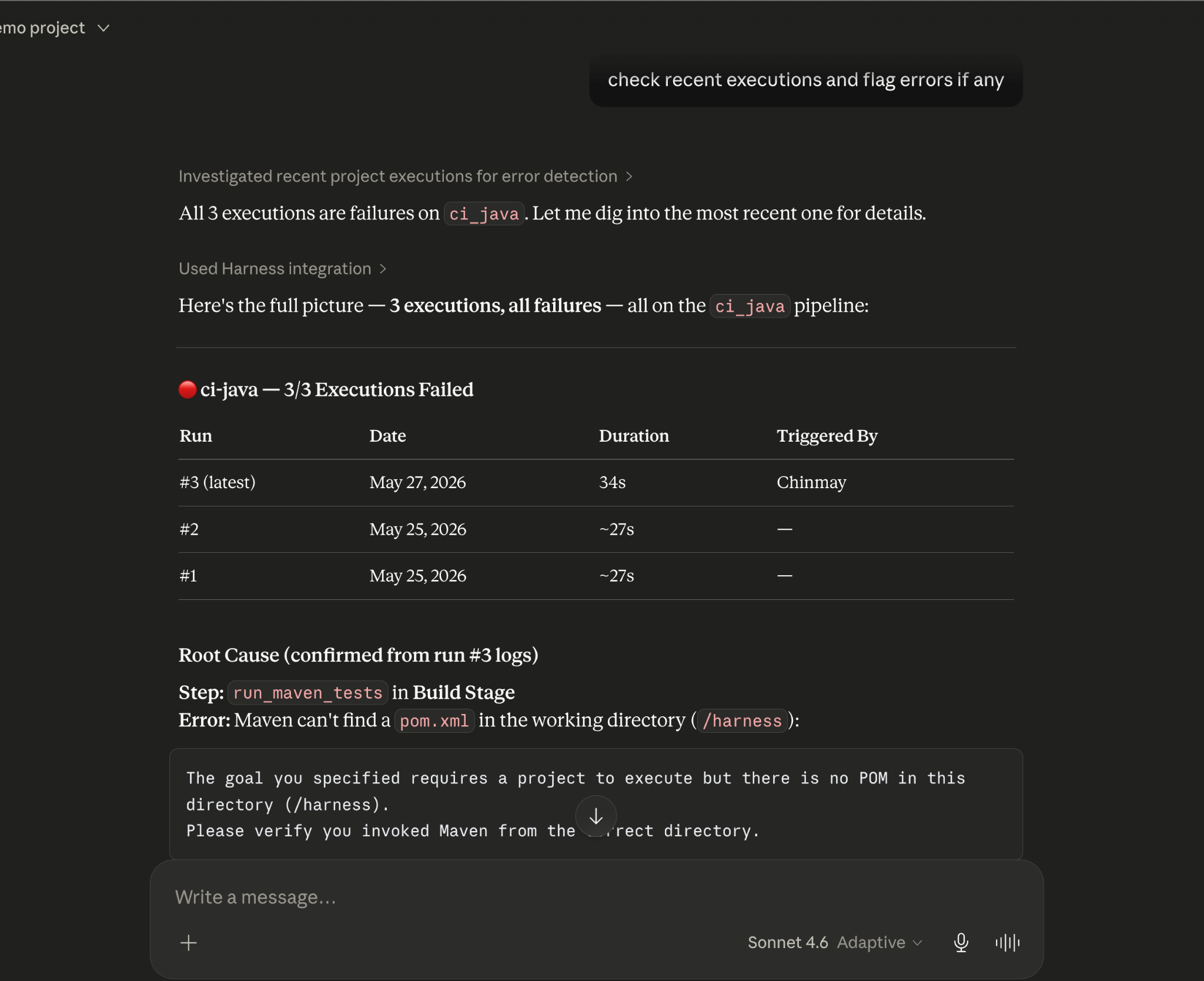 Screenshot illustrating: Debugging a failed pipeline without context switching
