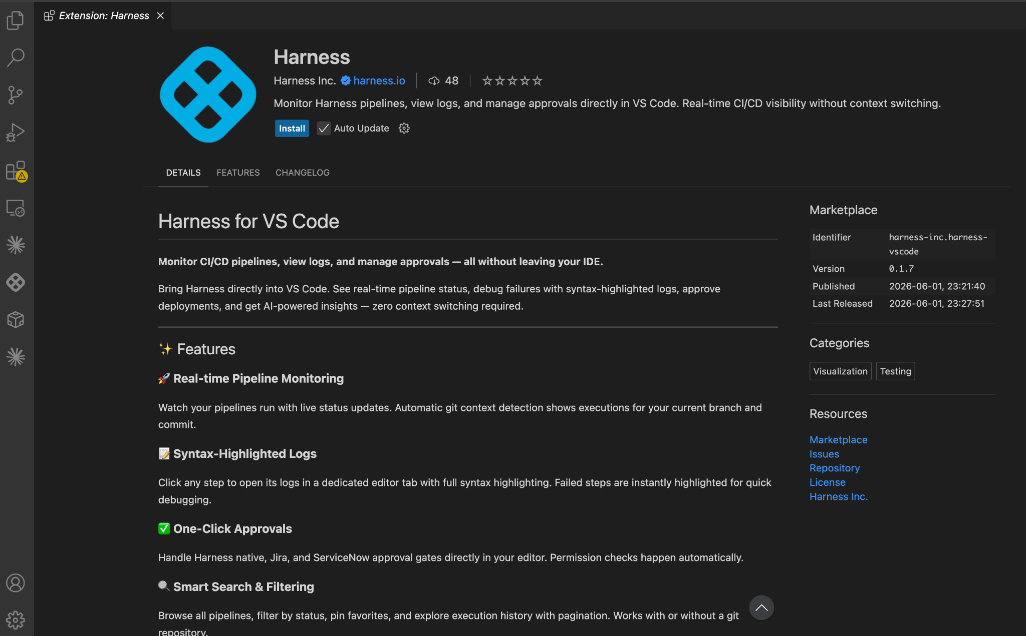 Screenshot related to: The Harness VS Code Extension is live on the VS Code Marketplace today, no .vsix download, no manual install.