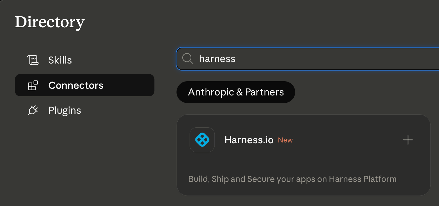 Screenshot related to: Today, we're announcing that the Harness MCP Server is in the official Claude Connectors Directory, making