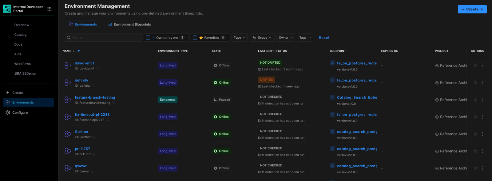 Screenshot related to: At Harness, Environment Management is a first-class capability inside our Internal Developer Portal. It