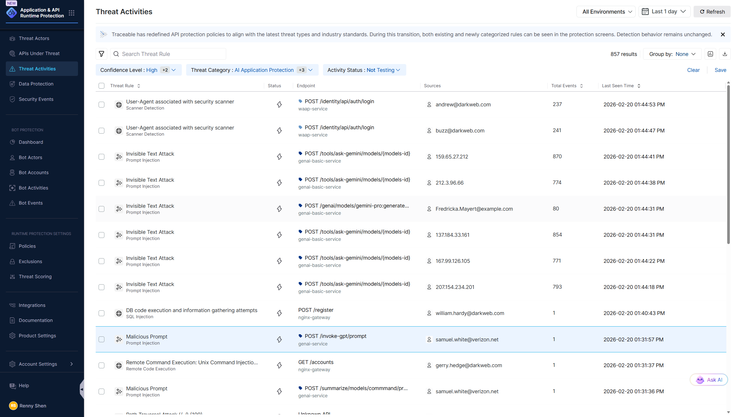AI firewall dashboard showing real-time blocked prompt injection attempts and data exfiltration prevention