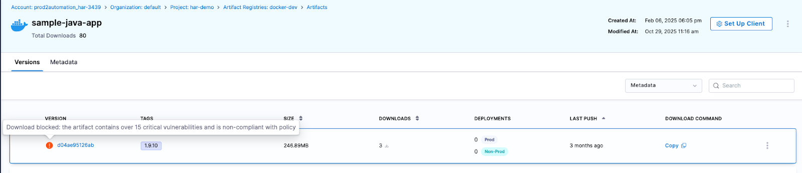 Screenshot illustrating: Automatically Blocking Risky Artifacts Before Deployment
