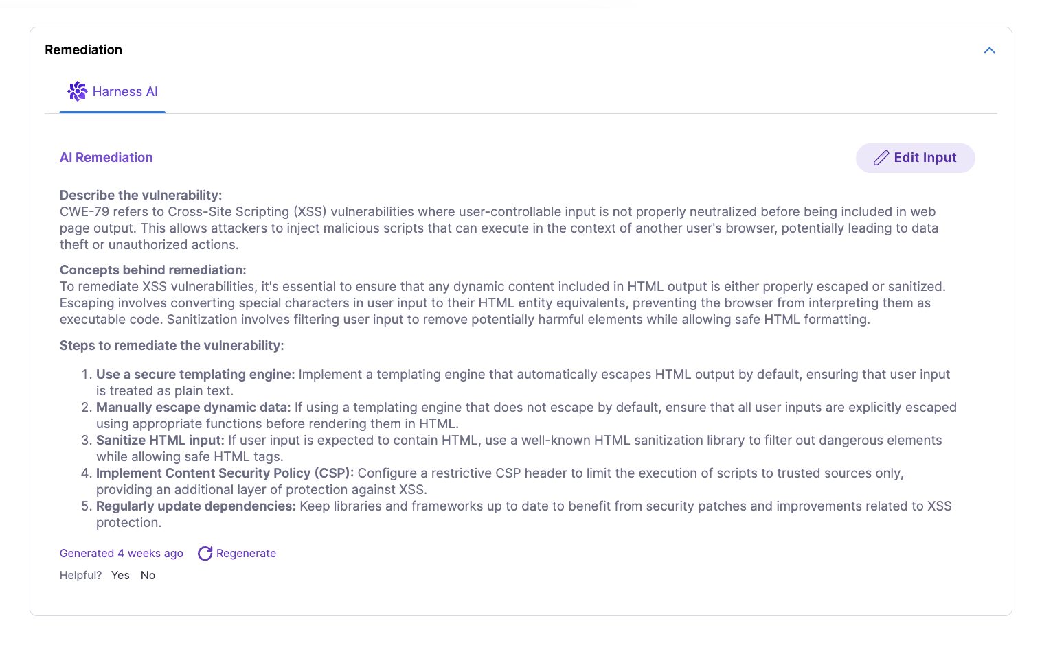 Harness AI Remediation panel displaying vulnerability details and remediation steps for a CWE-79 XSS vulnerability