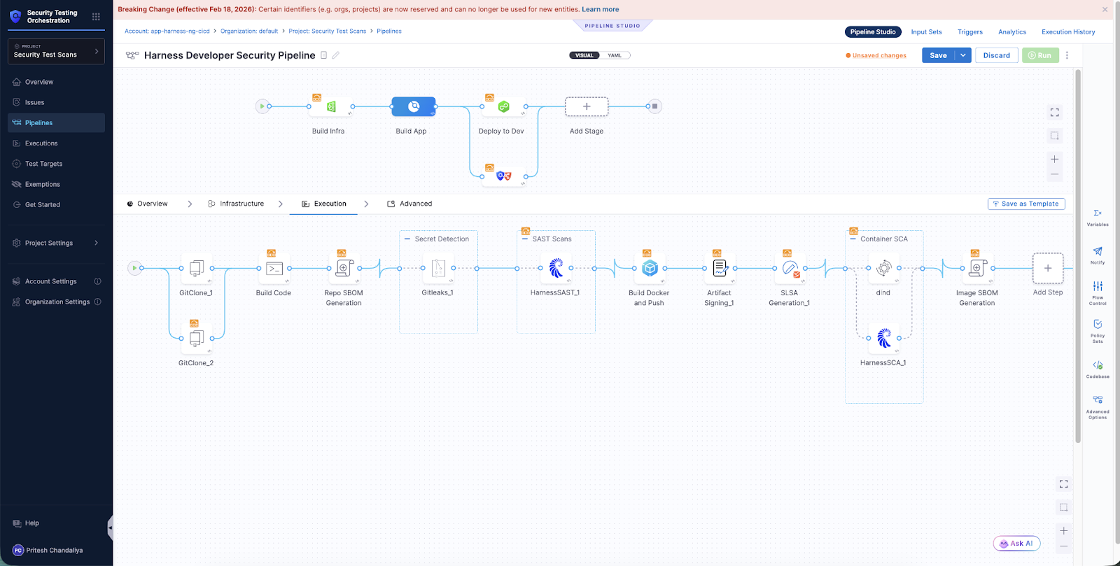 Harness visual pipeline builder showing a developer security pipeline with integrated SAST and SCA scan steps