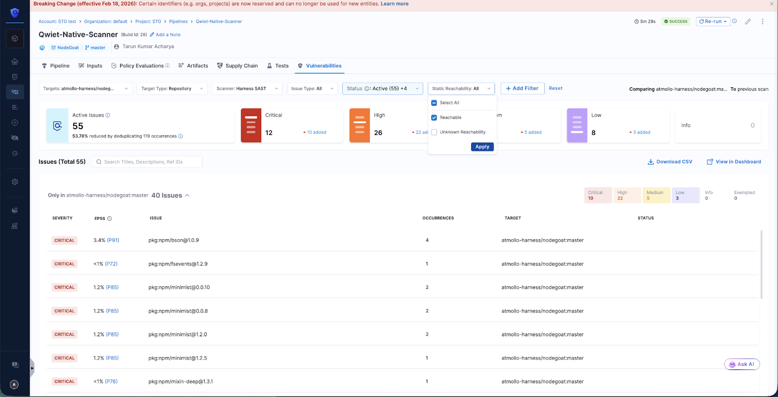 Harness STO dashboard showing active vulnerabilities by severity, reachability filters, and a list of detected issues