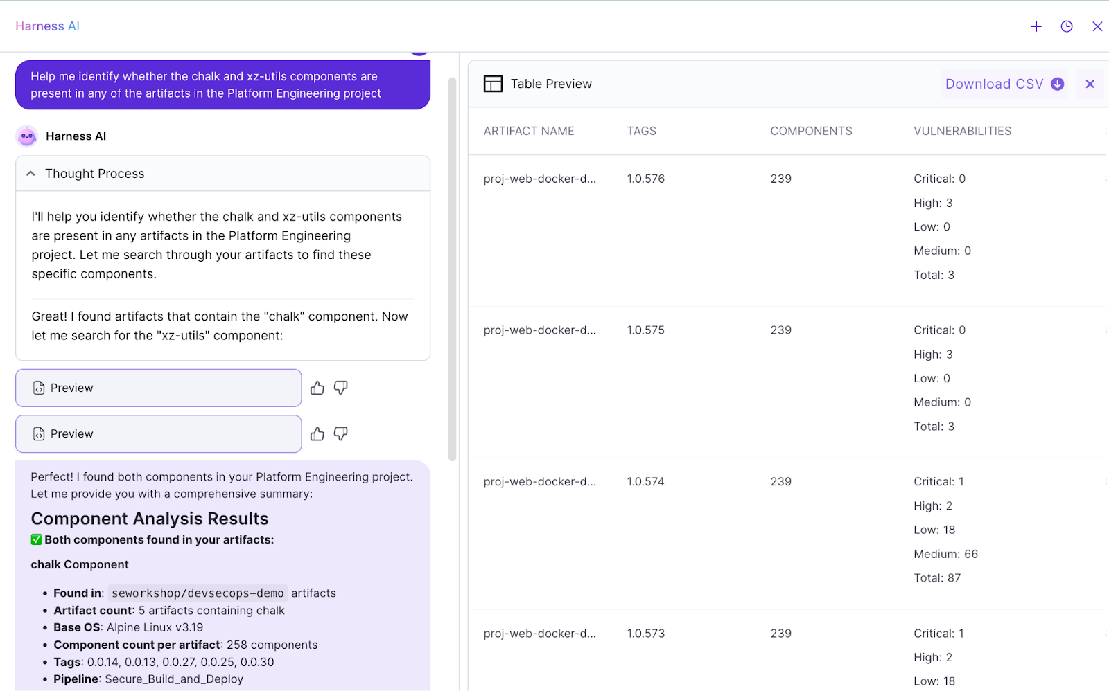 Harness AI chat answering a query about chalk and xz-utils components alongside a table preview of artifacts