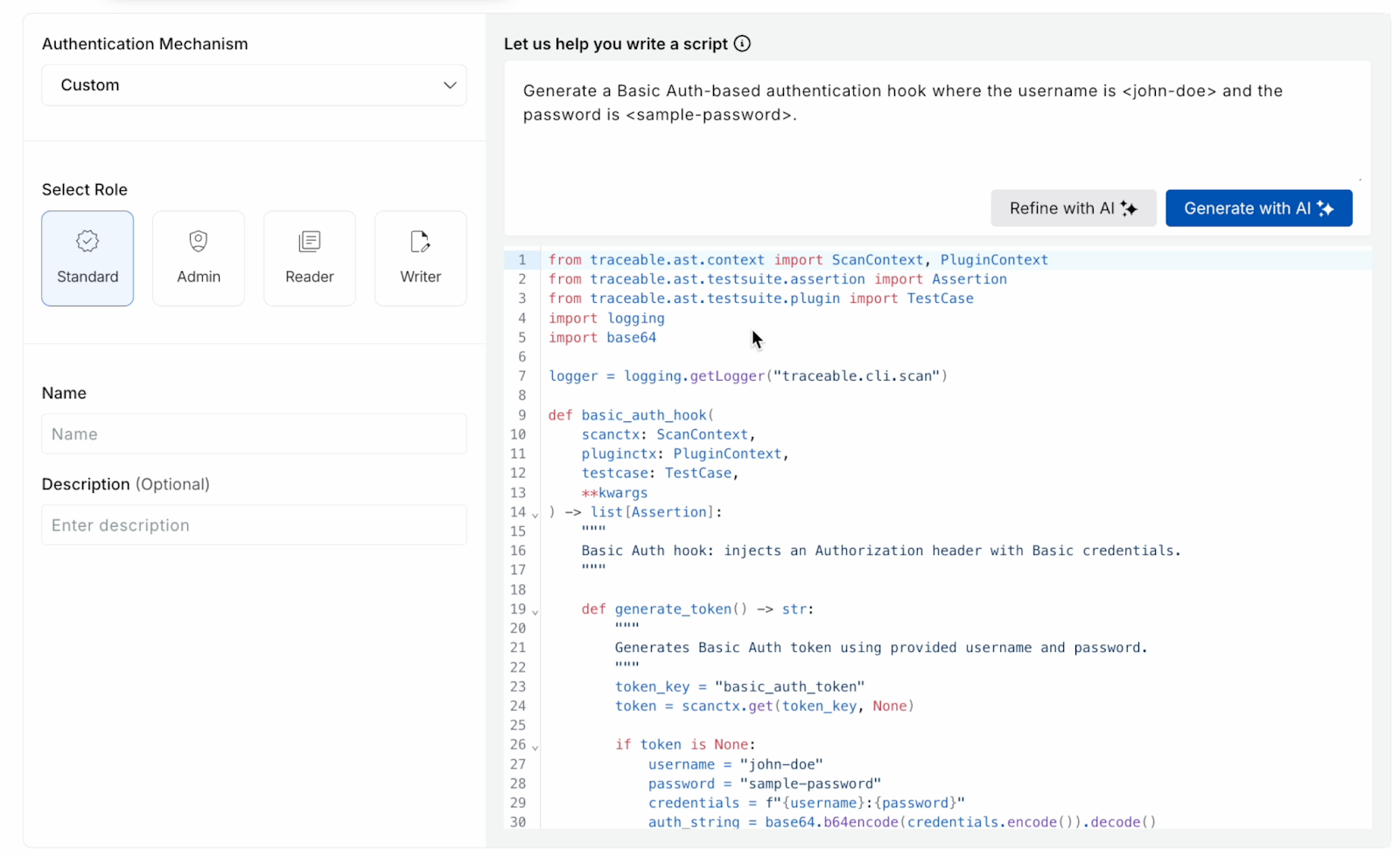 Harness UI generating a custom Python Basic Auth hook script using the Generate with AI prompt tool