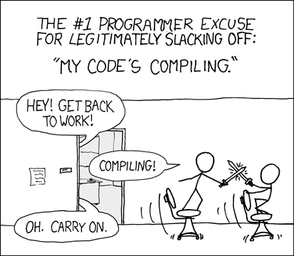 xkcd comic where two developers sword fight on office chairs because their code is compiling