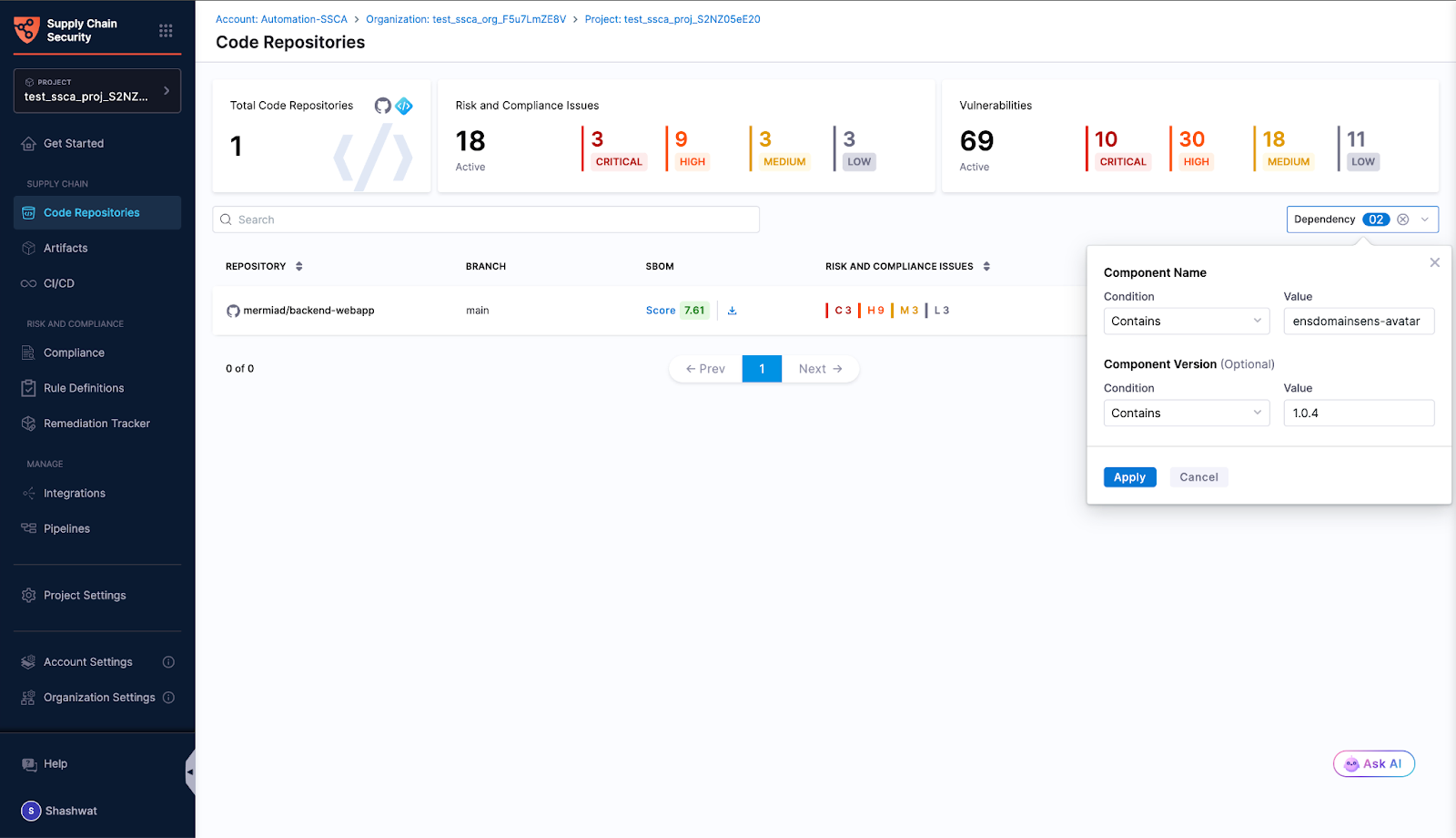Harness SCS Code Repositories dashboard showing a search filter for the ensdomainsens-avatar component
