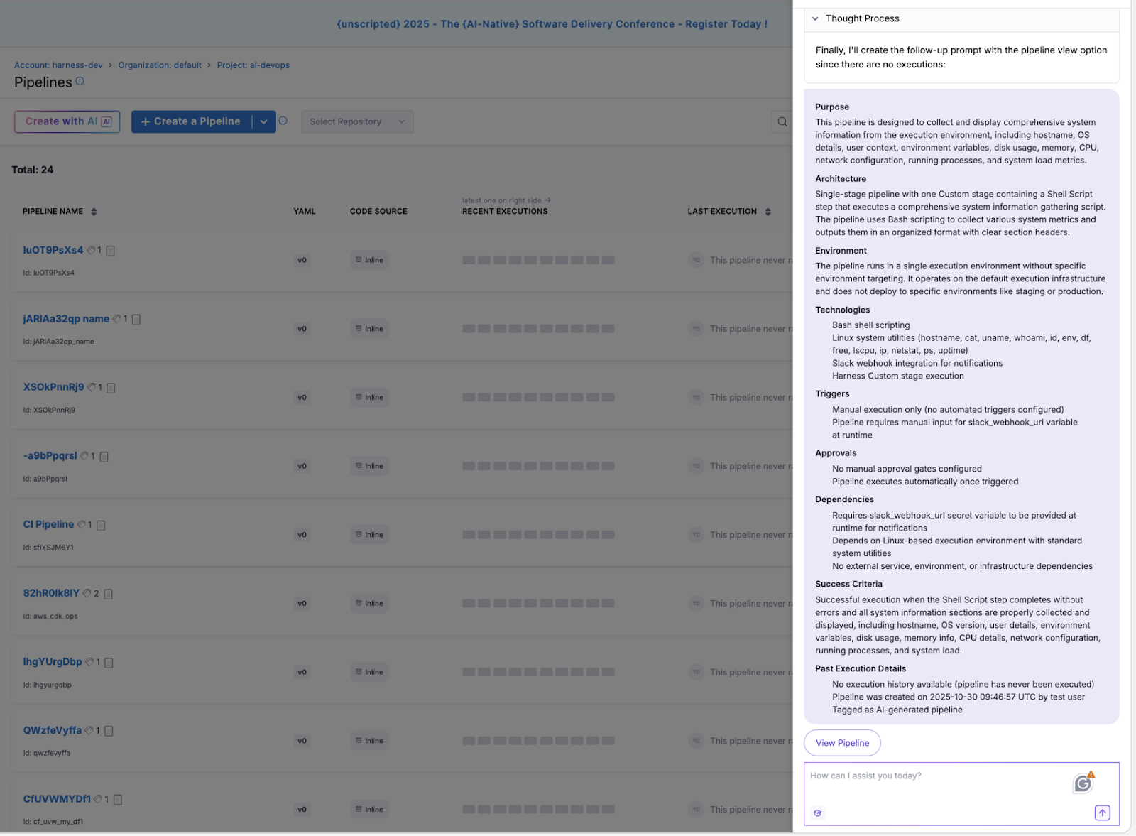Harness AI panel displaying a detailed pipeline summary with purpose, architecture, and triggers