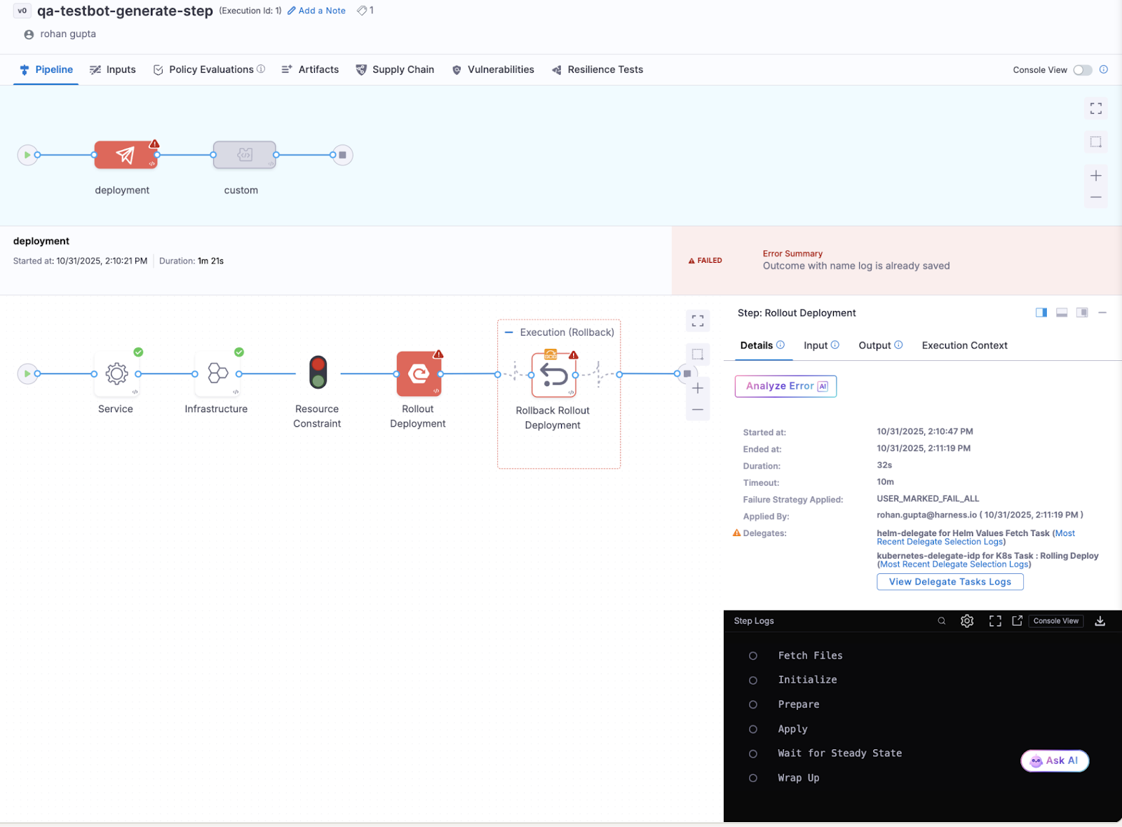 Harness pipeline execution interface showing a failed deployment step with Analyze Error and Ask AI options