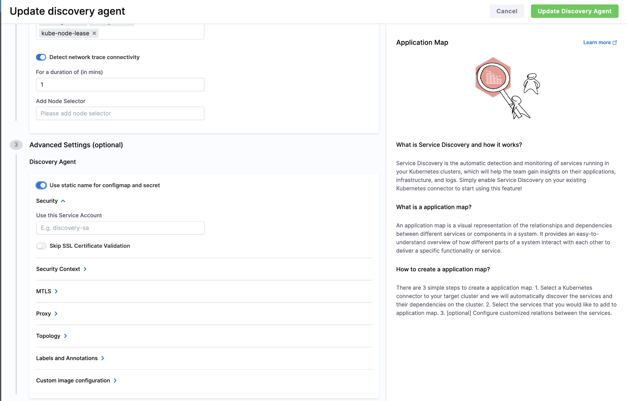 Update discovery agent settings showing the Use static name for configmap and secret toggle enabled
