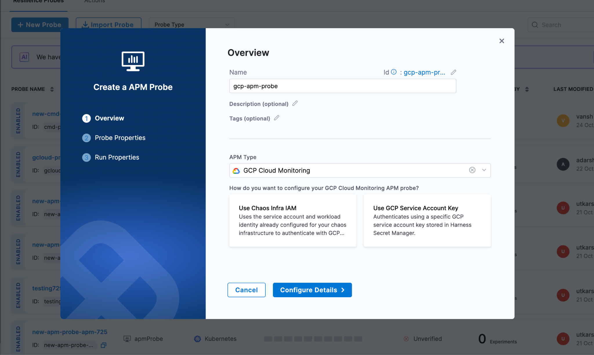 Create an APM Probe modal in Harness Chaos showing GCP Cloud Monitoring IAM and Service Account Key options