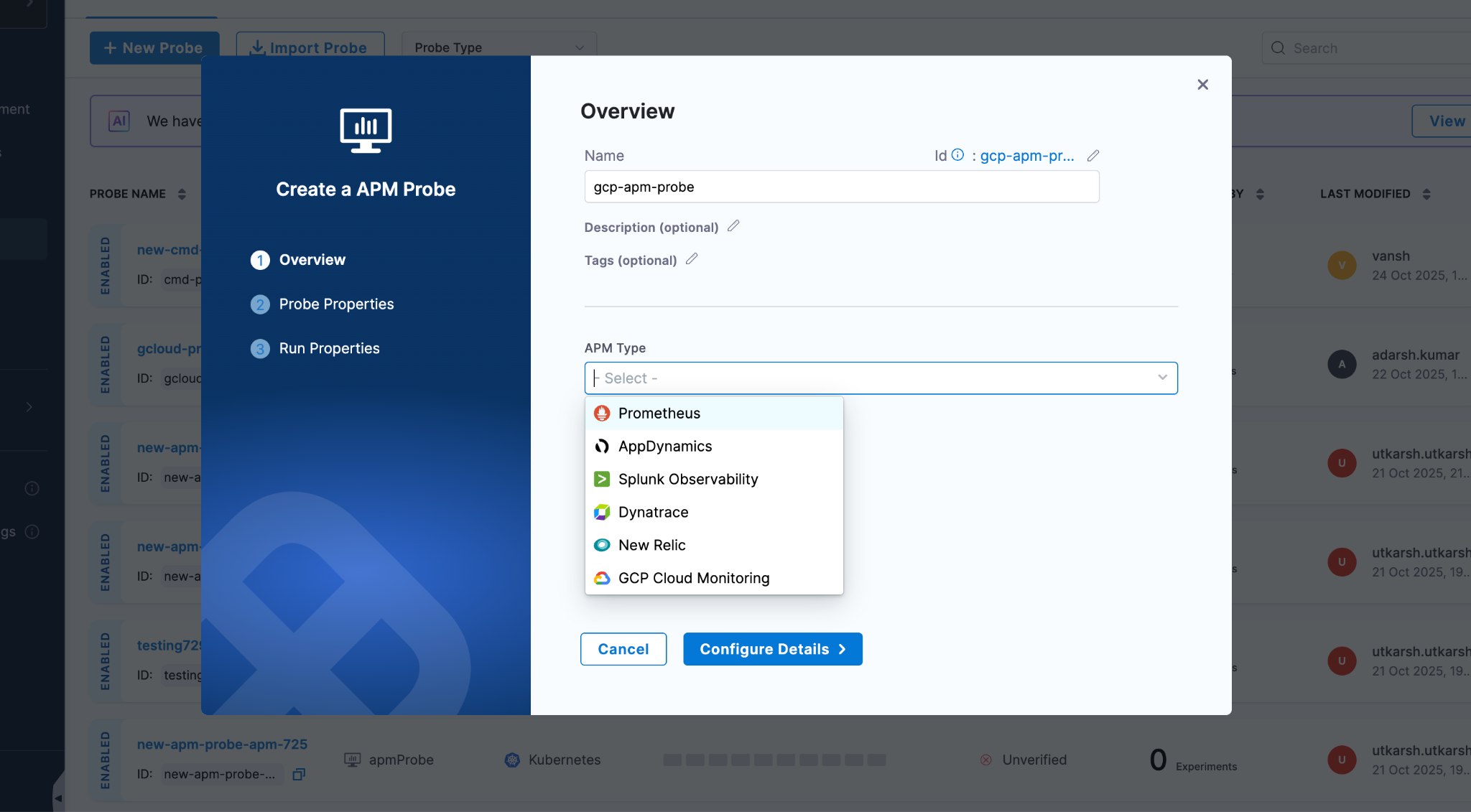 Create an APM Probe modal in Harness Chaos with the APM Type dropdown open, highlighting GCP Cloud Monitoring