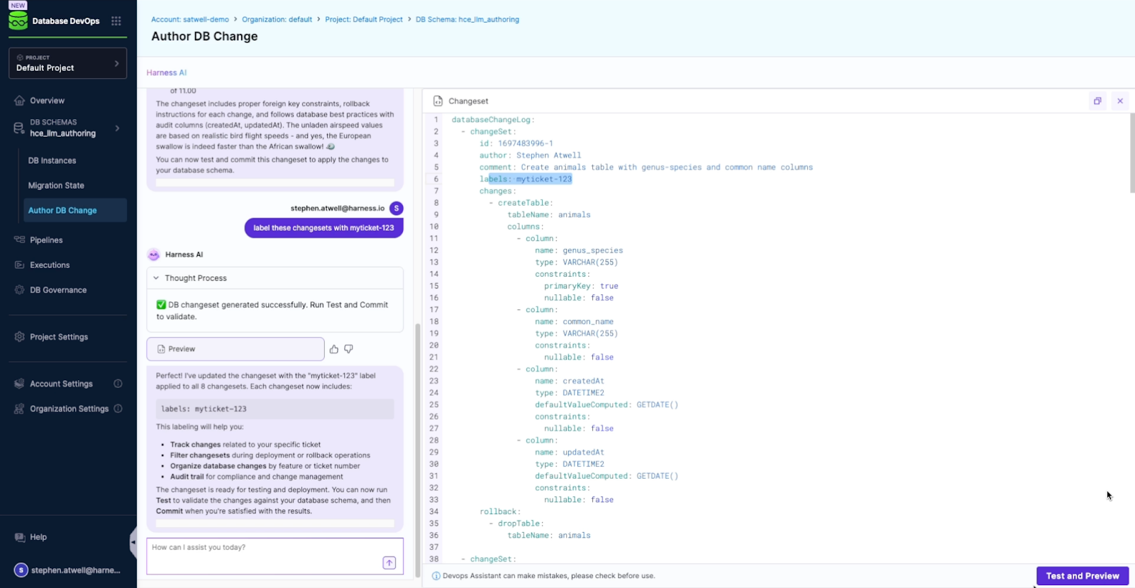 Harness AI generating a database changeset YAML file from a user prompt in the Author DB Change interface