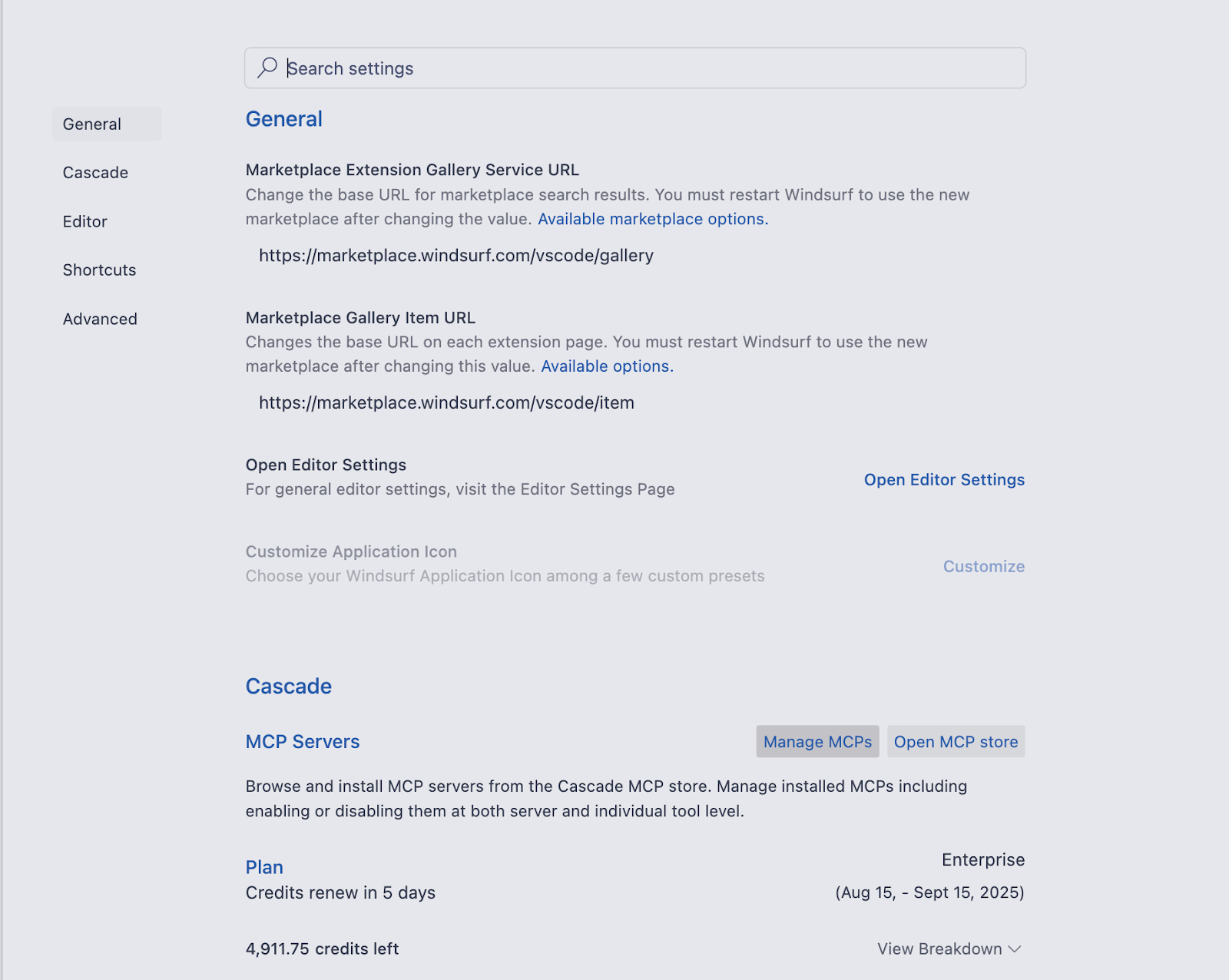 Windsurf settings screen showing the Cascade section and the Manage MCPs button