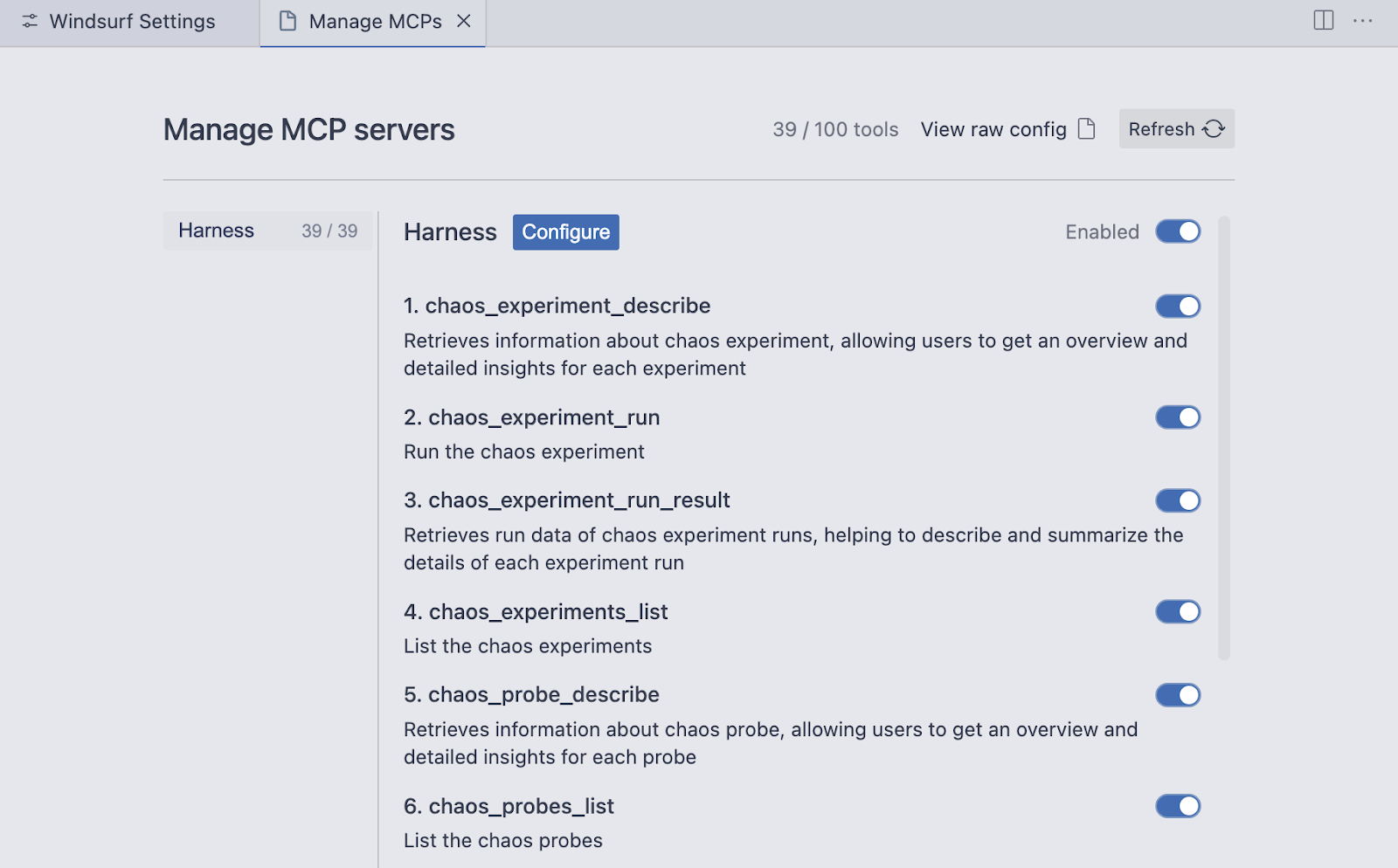 Windsurf Manage MCP servers screen showing enabled Harness tools like chaos_experiment_describe