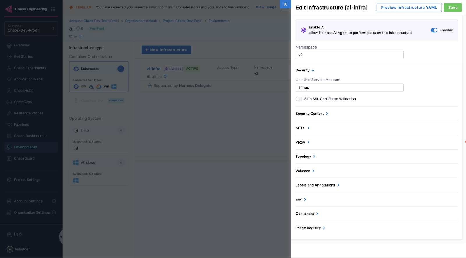 The Enable AI toggle switched to Enabled within the Edit Infrastructure panel in Harness Chaos Engineering
