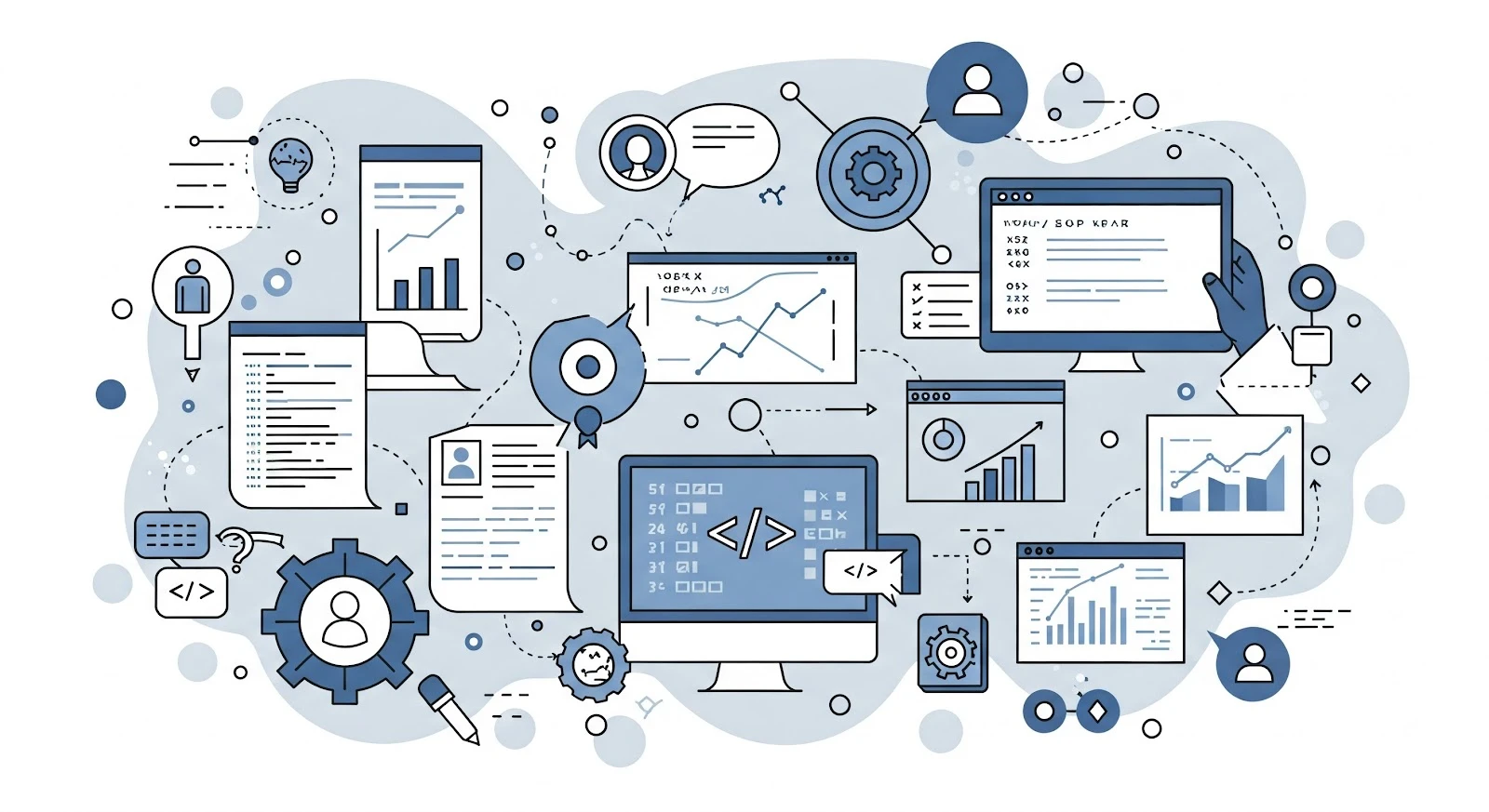 Connected developer workflows, code editors, performance charts, and team collaboration icons