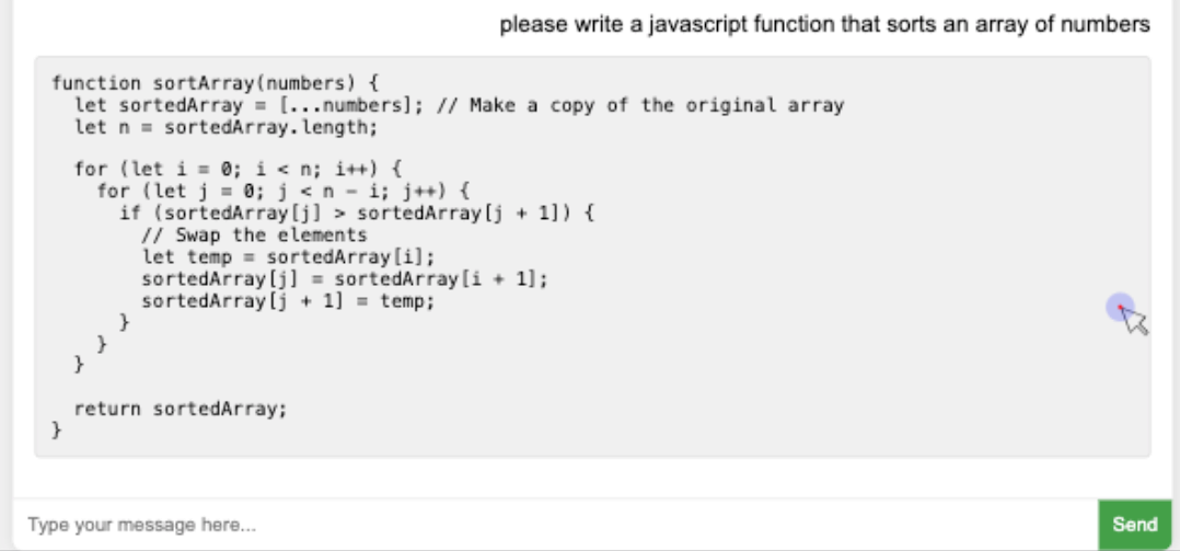 Ava's generated JavaScript code for sorting an array of numbers in response to a user prompt