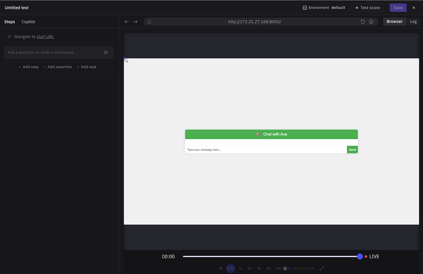 Harness Interactive Test Authoring page with the 'Chat with Ava' chatbot interface loaded in the browser