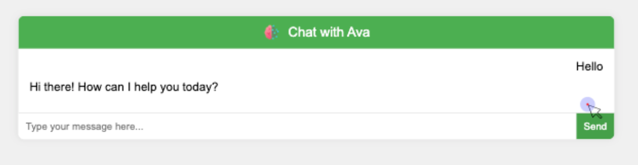 Chatbot interface 'Chat with Ava' showing the query 'Hello' and the response 'Hi there! How can I help you today?'