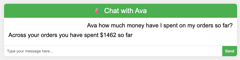 Chat with Ava interface where a user asks about total spending and Ava responds with "$1462 so far"