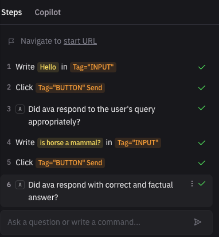 Test steps showing successful assertions for Ava's responses to 'Hello' and 'is horse a mammal?'