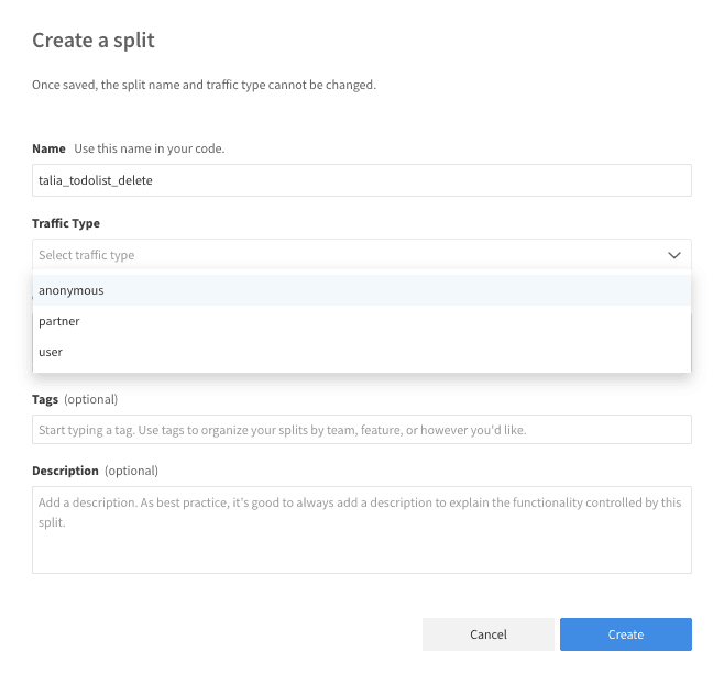 Create a split form in Split with the Traffic Type dropdown open, showing anonymous, partner, and user options
