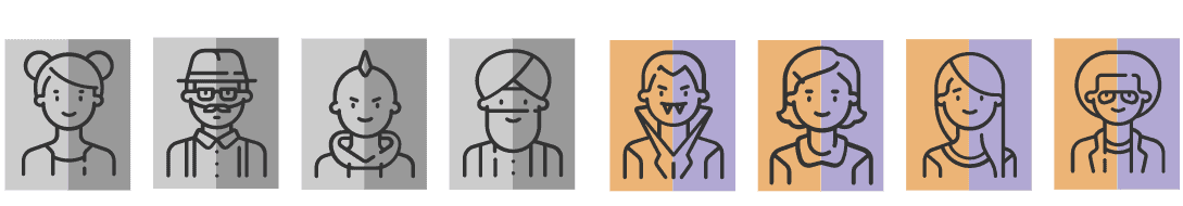 Eight user avatars divided into two groups of four, representing control and treatment segments for A/B testing