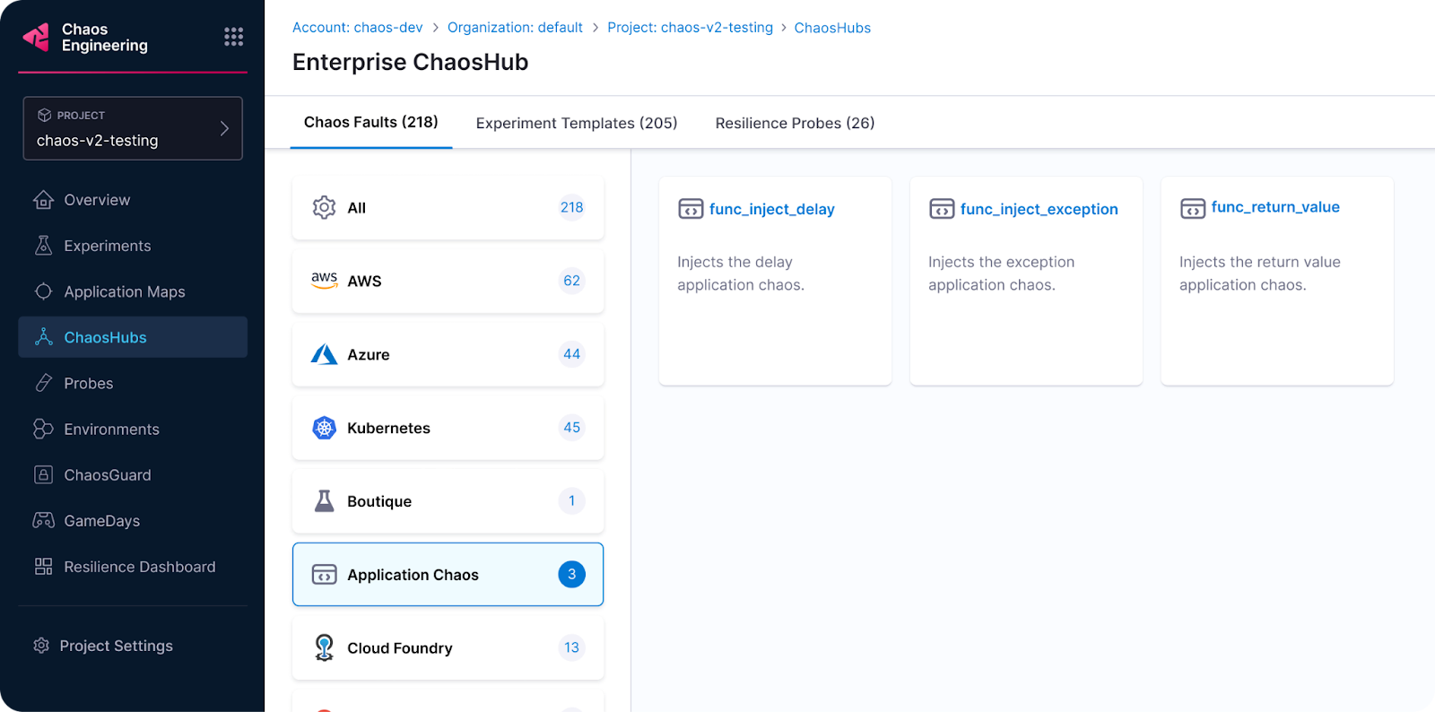 Enterprise ChaosHub UI showing application chaos faults: func_inject_delay, func_inject_exception, and func_return_value