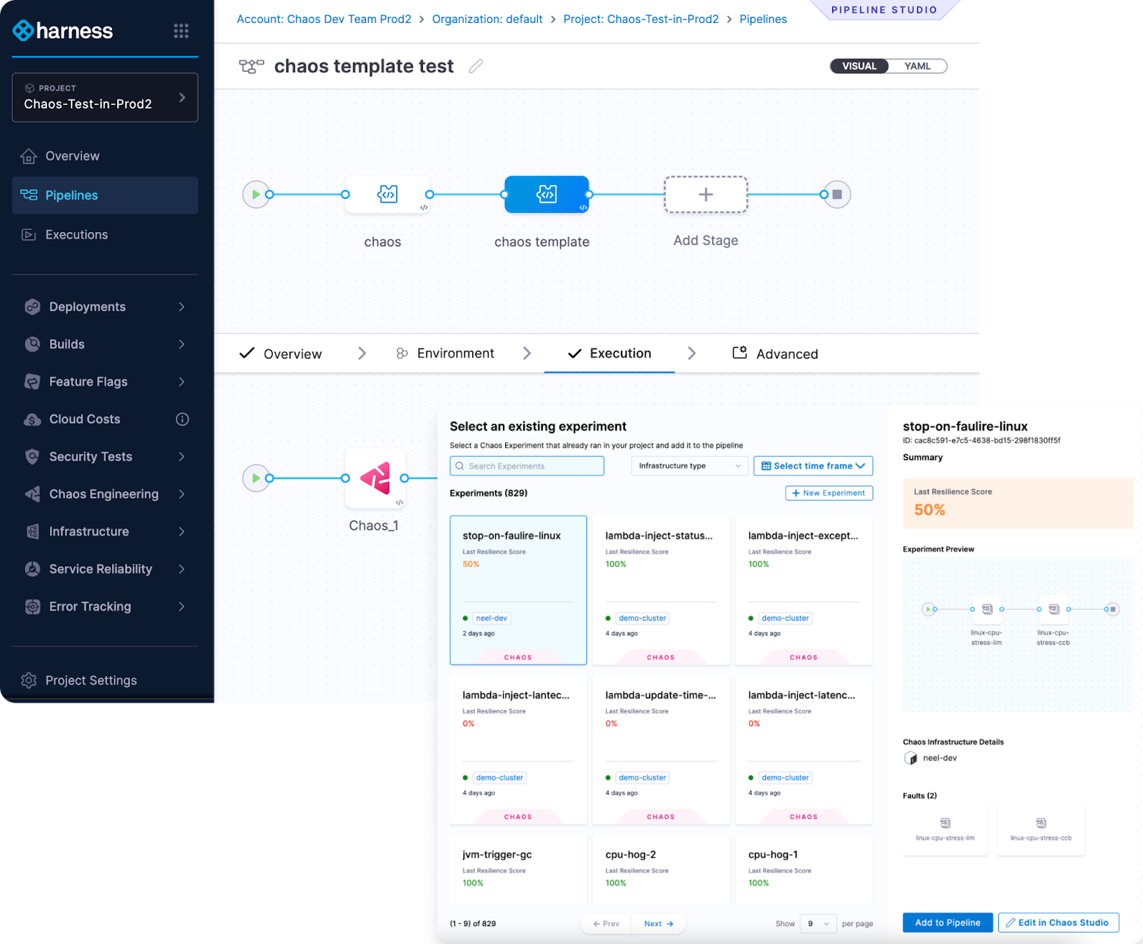 Selecting an existing chaos experiment to add as a stage in a Harness CI/CD pipeline