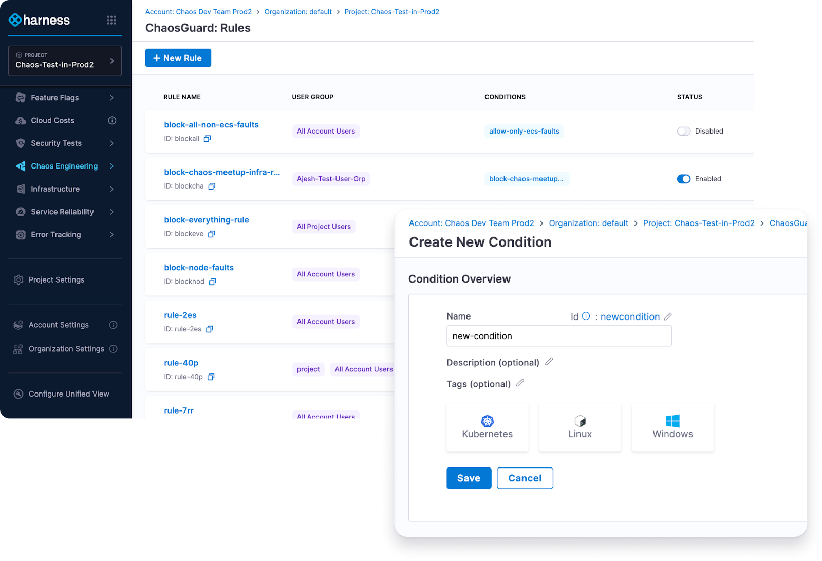 ChaosGuard Rules dashboard and a Create New Condition window with Kubernetes, Linux, and Windows infrastructure options
