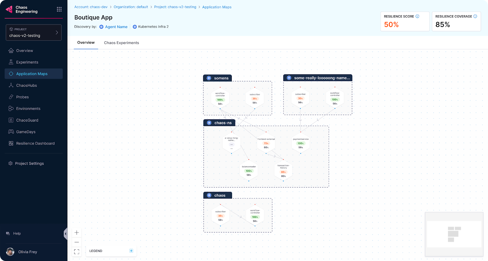 Application map in Harness Chaos Engineering displaying discovered services, a 50% resilience score, and 85% coverage