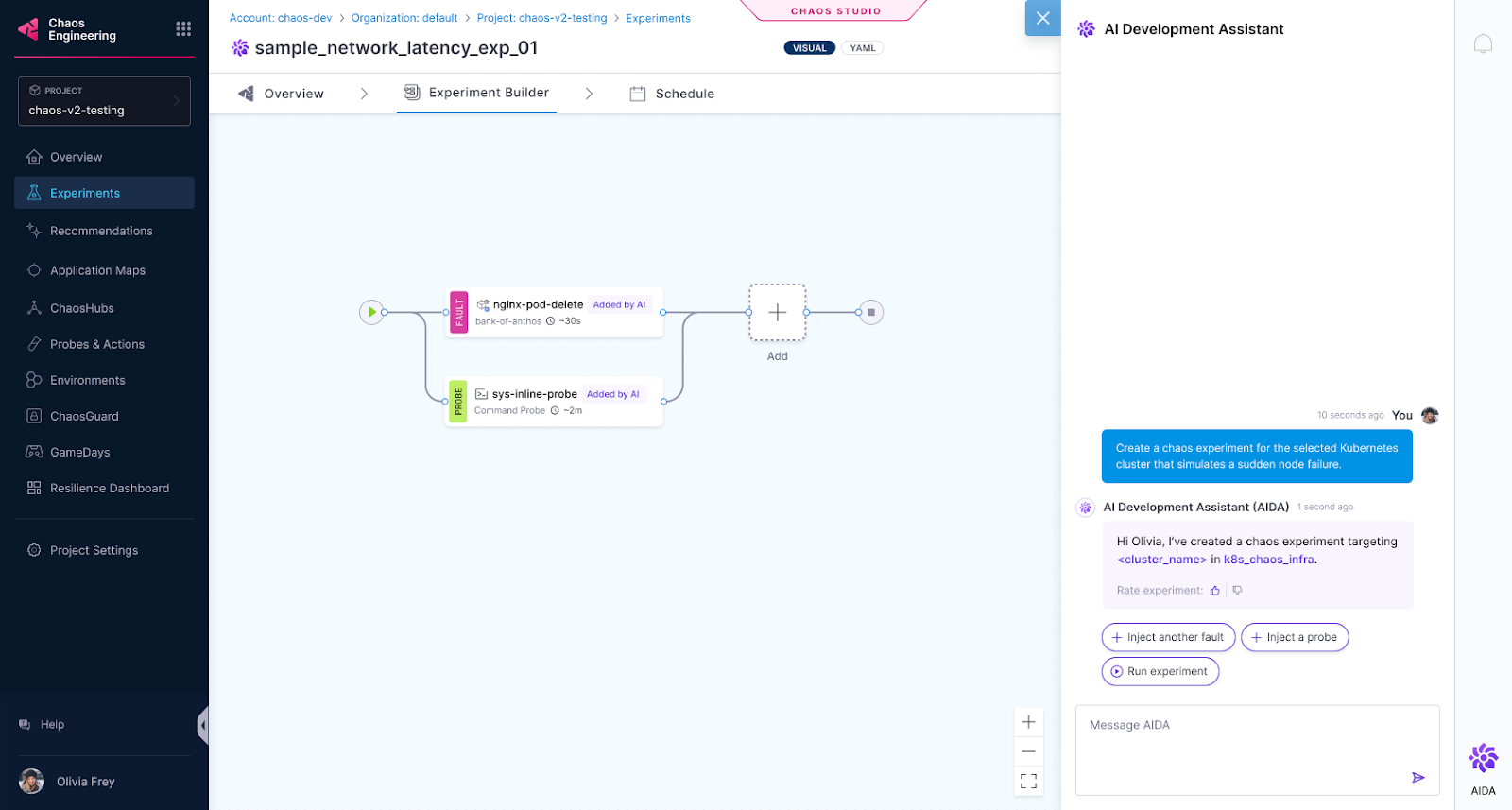 Harness AI Development Assistant (AIDA) generating a chaos experiment workflow from a natural language prompt