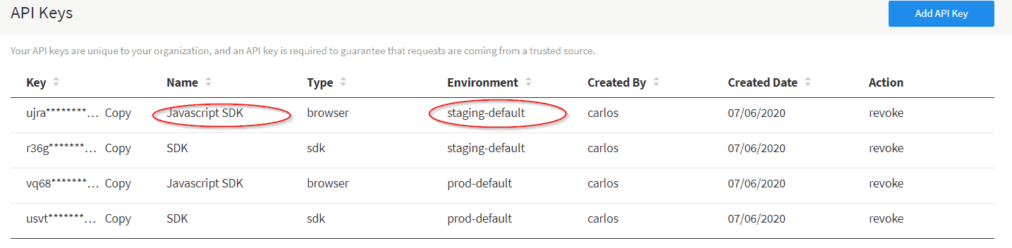 API Keys table in Split with the Javascript SDK name and staging-default environment circled in red