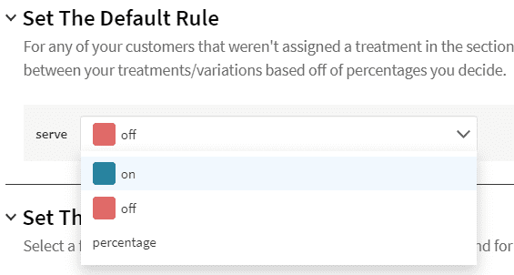 Selecting the 'on' treatment from the default rule dropdown menu in Split
