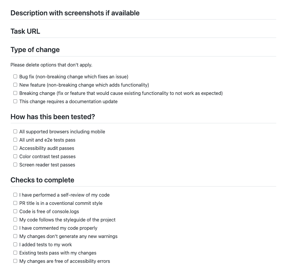 Example GitHub pull request template featuring sections for description, task URL, type of change, and checklists