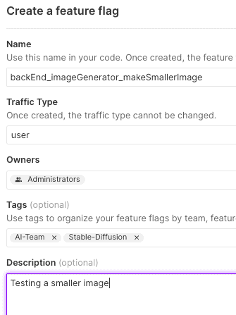 Creating a feature flag named backEnd_imageGenerator_makeSmallerImage with AI-Team and Stable-Diffusion tags in Split