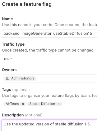 Create a feature flag form in Split named backEnd_imageGenerator_useStableDiffusion15 with user traffic type