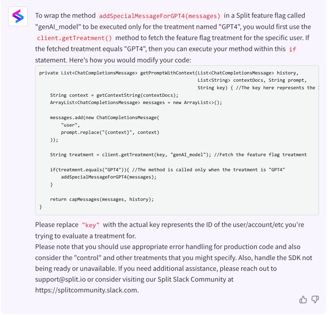 Switch AI assistant interface showing a Java code example for implementing a Split feature flag