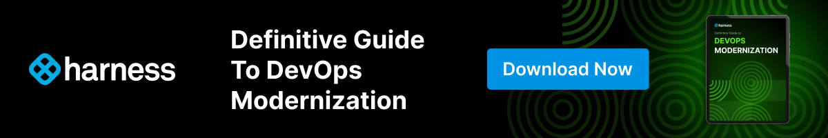 Harness logo with text Definitive Guide to DevOps Modernization and blue Download Now button on black background.