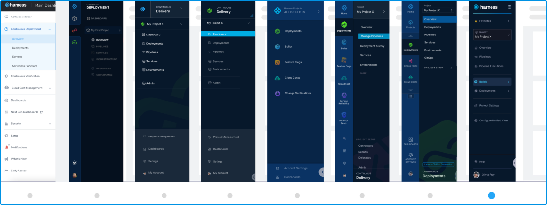 Nine side-by-side iterations of the Harness navigation sidebar, showing its design evolution over time