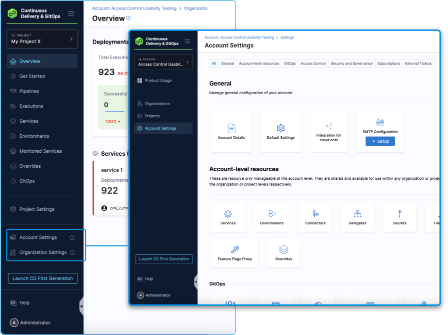 Project sidebar with Account and Organization Settings links, transitioning to the Account Settings dashboard