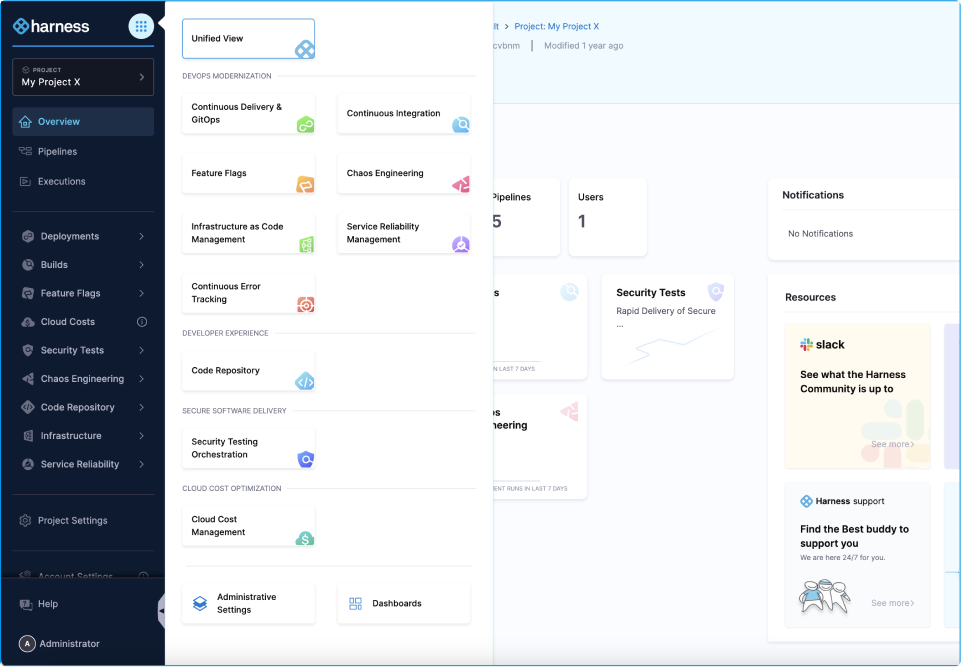 Harness navigation view selection panel displaying Unified View and modules like Continuous Delivery and Feature Flags