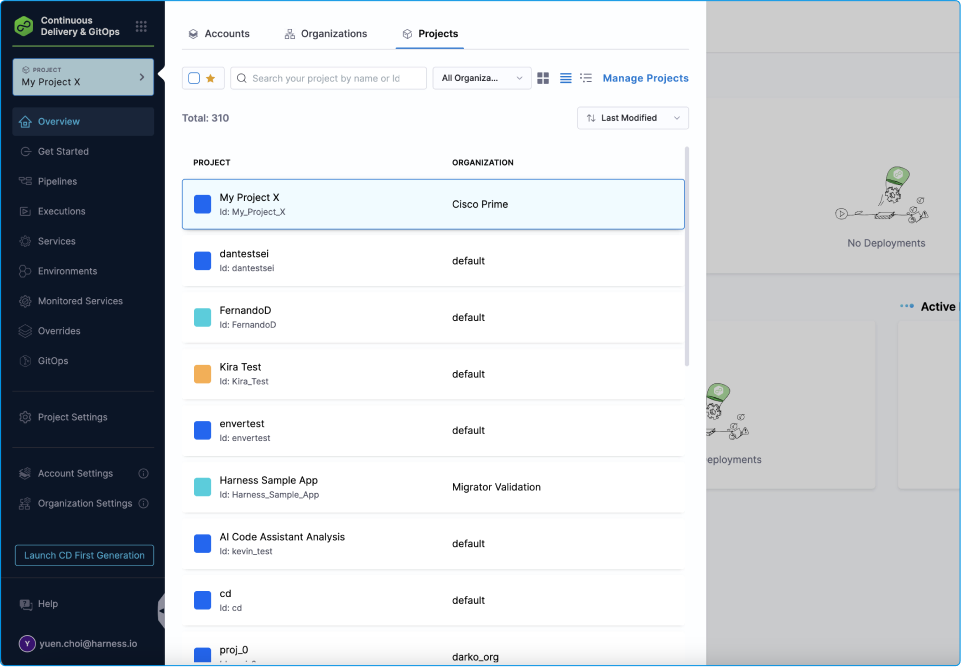 Scope selector interface in Harness with tabs for Accounts, Organizations, and Projects to navigate the hierarchy