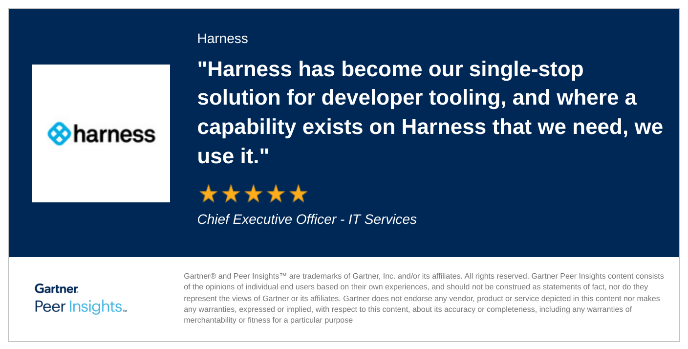 Five-star Gartner Peer Insights review quoting a CEO: 'Harness has become our single-stop solution for developer tooling'