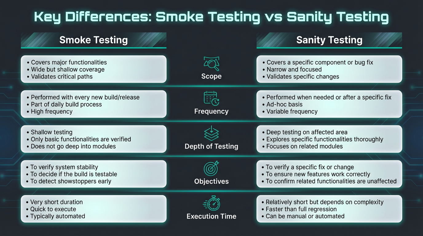 Smoke testing vs sanity testing comparison across scope, frequency, depth of testing, objectives, and execution time
