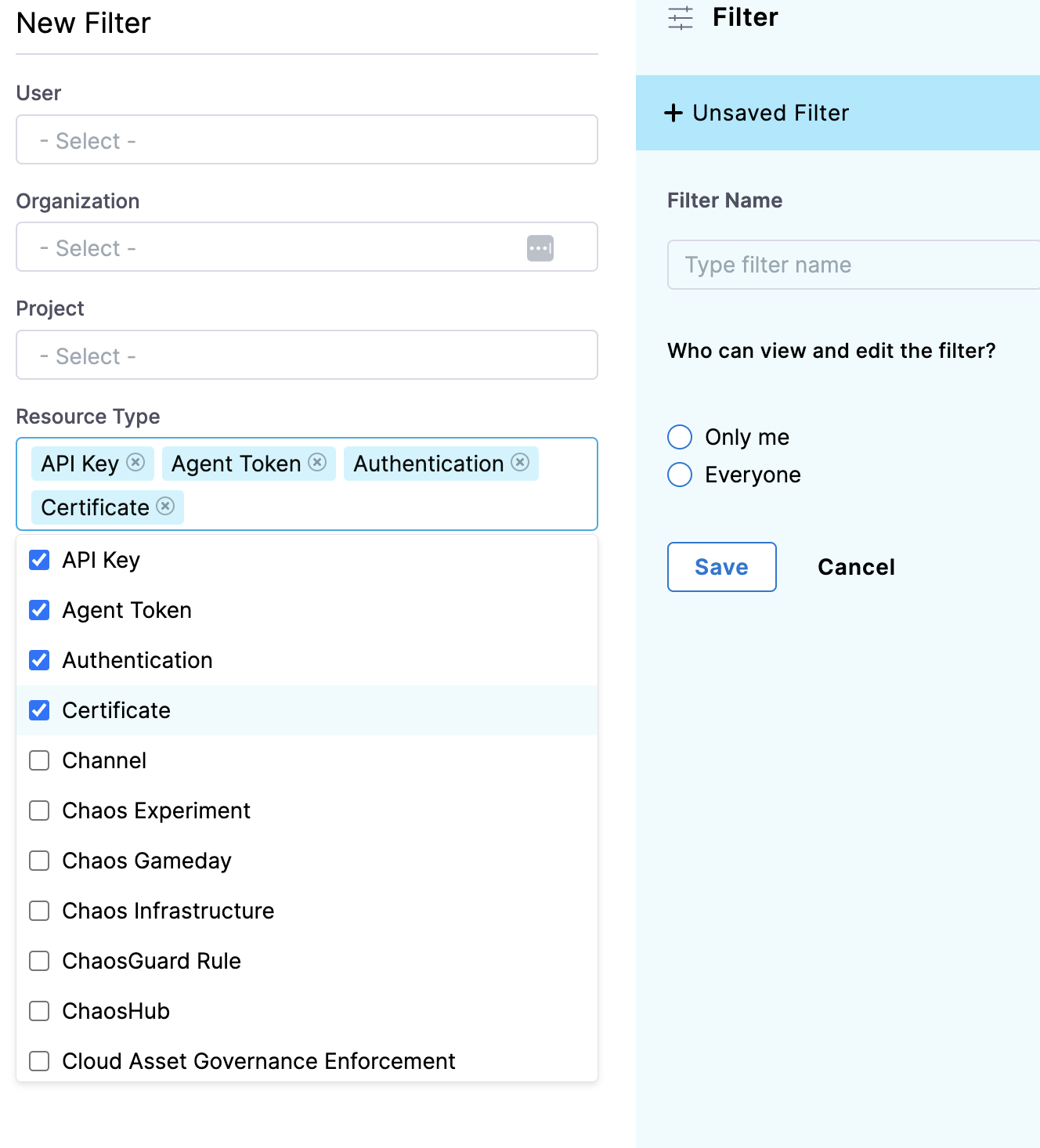 Harness New Filter UI showing multiple resource types selected and options to name and save the audit log filter
