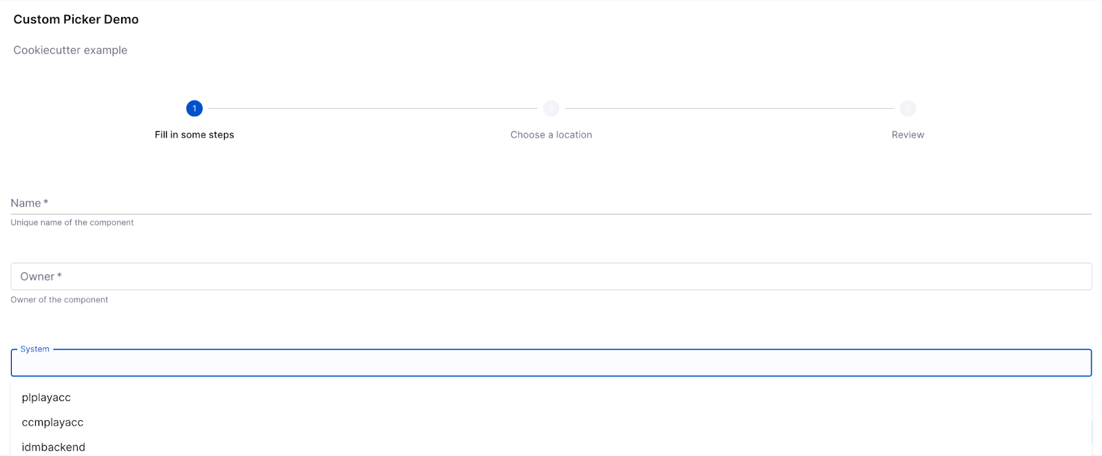 Custom Picker Demo form showing the EntityFieldPicker dropdown with system catalog entity options